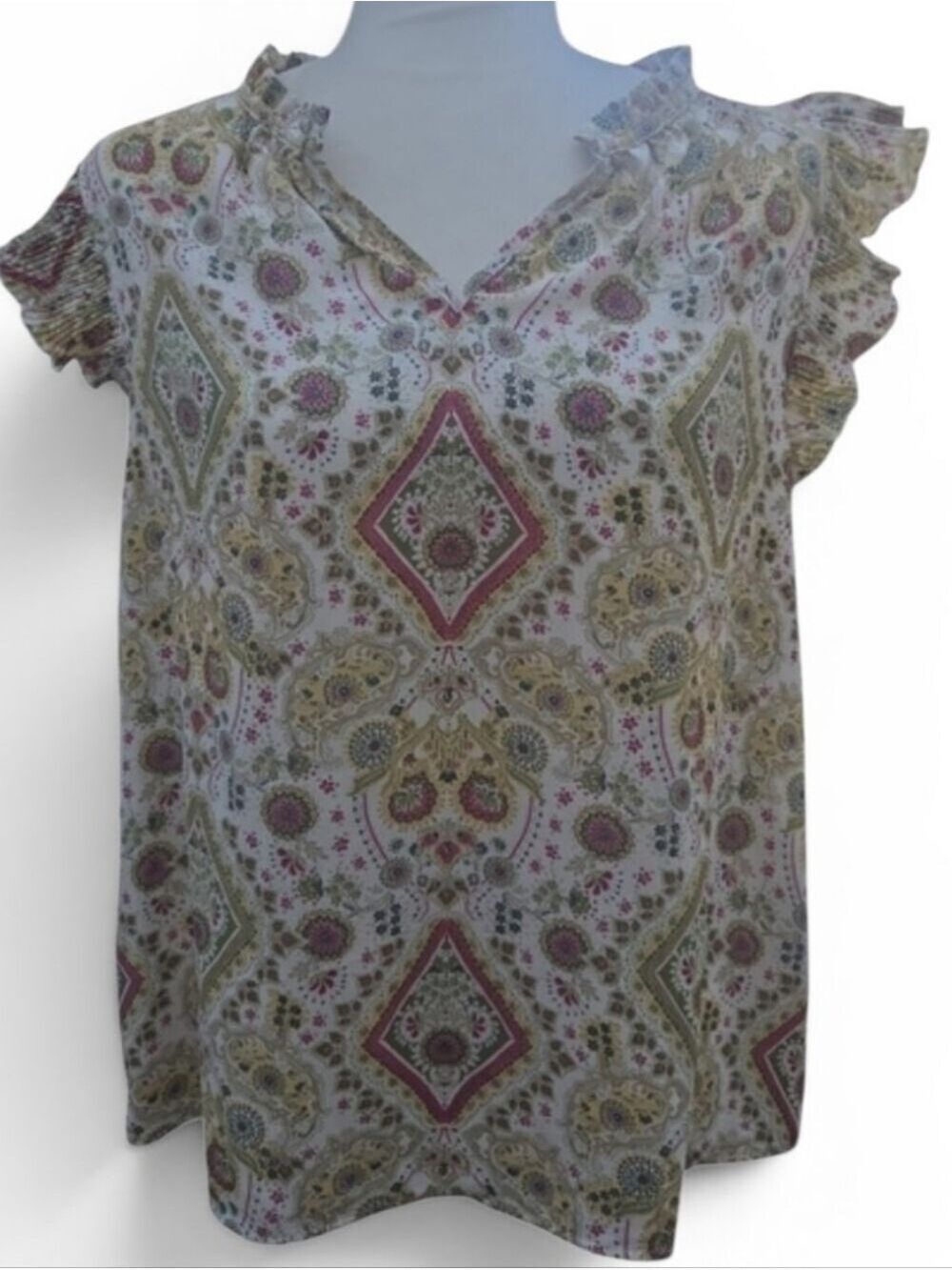 Nwot Chenault Paisley V-Neck Ruffle Sleeve Blouse - Cream, Pink, Olive